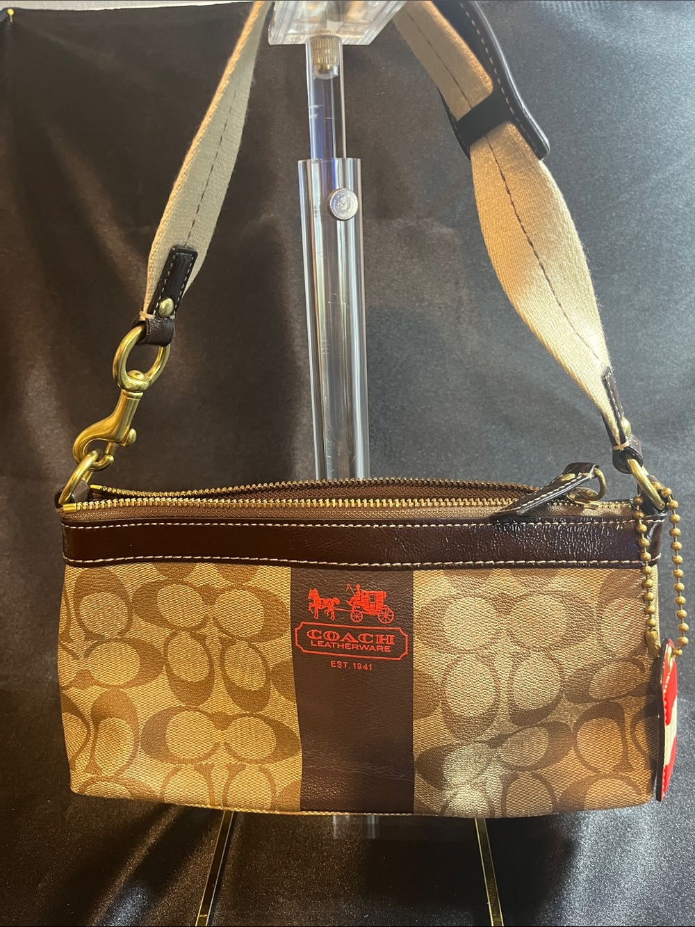 Coach Tan & Brown Signature Canvas Wristlet with Red Logo Accent